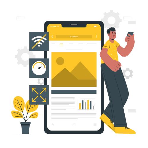 Man using smartphone near giant mobile screen with design icons and plant.