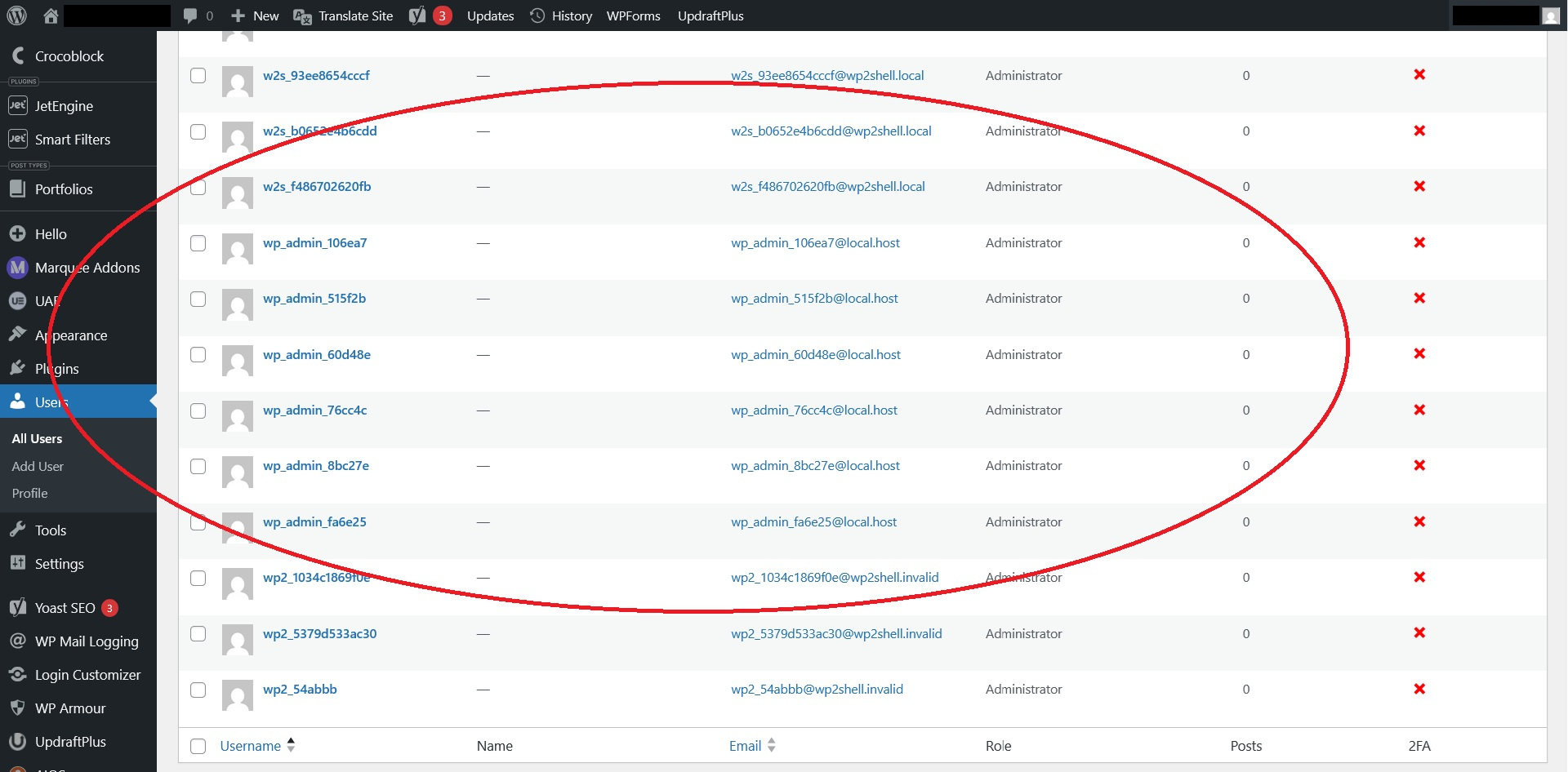 WordPress admin dashboard showing suspicious user accounts