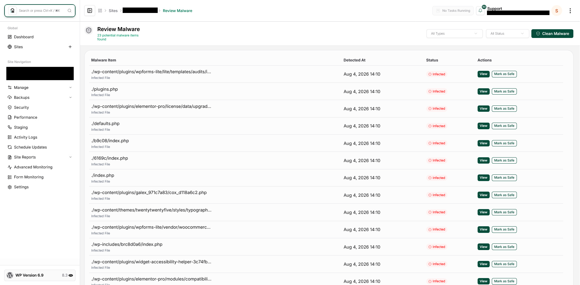 WordPress malware scanner showing infected files