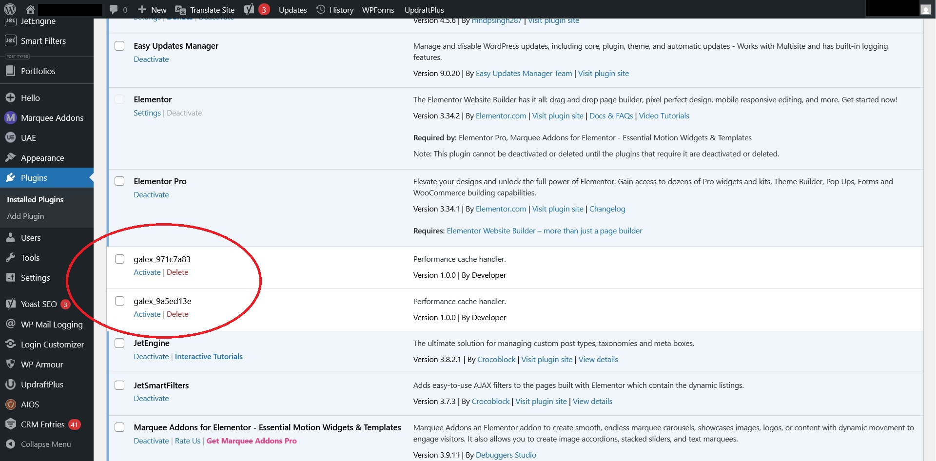 WordPress plugins showing suspicious galex plugins